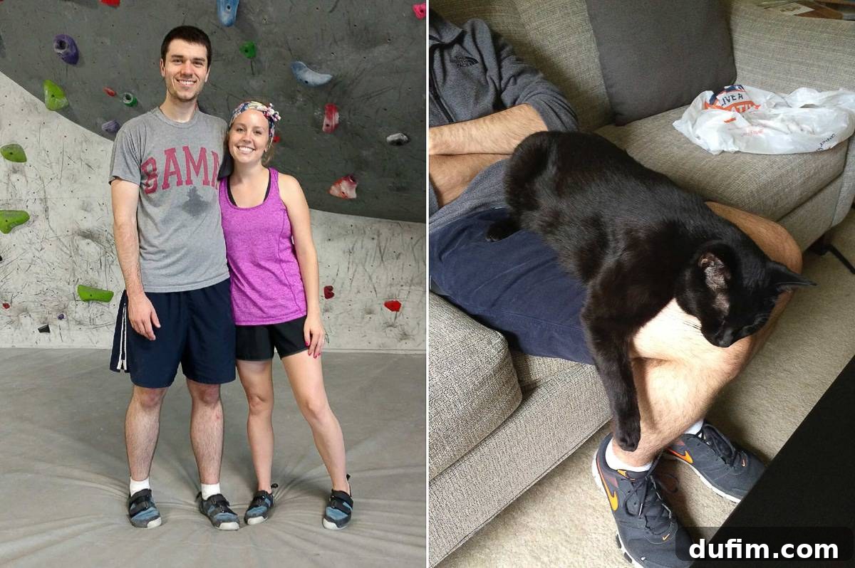 Person bouldering at a new free-climbing gym; rare photo of cat Salsa snuggled close with Ryan on the couch.