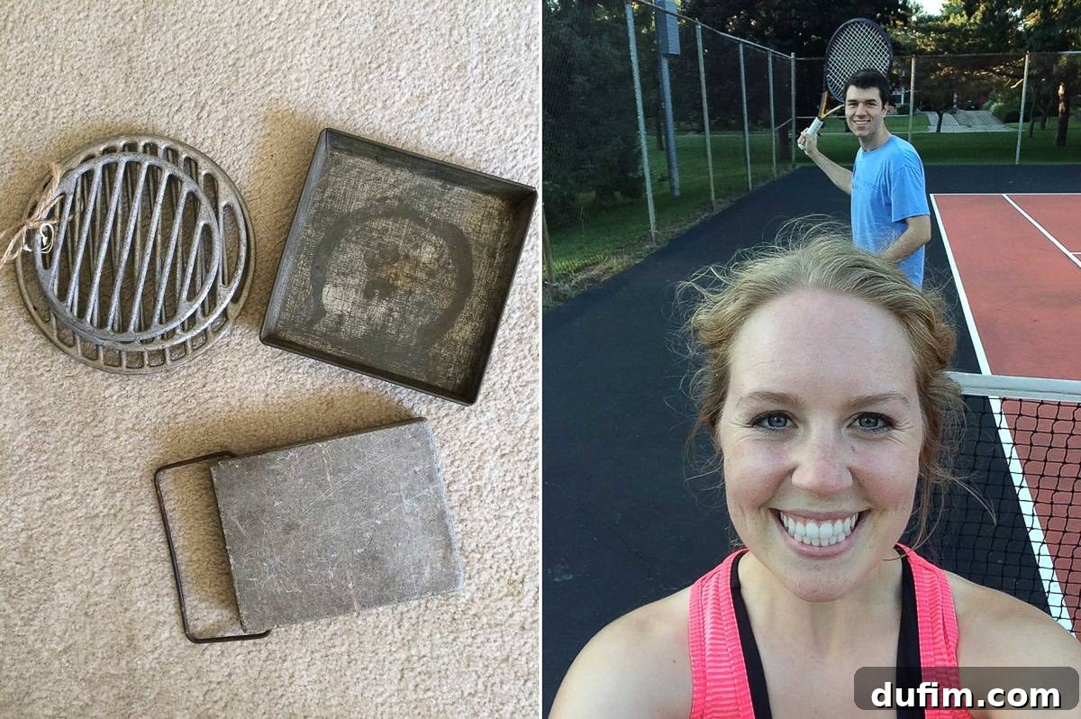 Eclectic finds at an antique market for blog props and a metal flower bucket; Ryan and author enjoying their first summer tennis match.