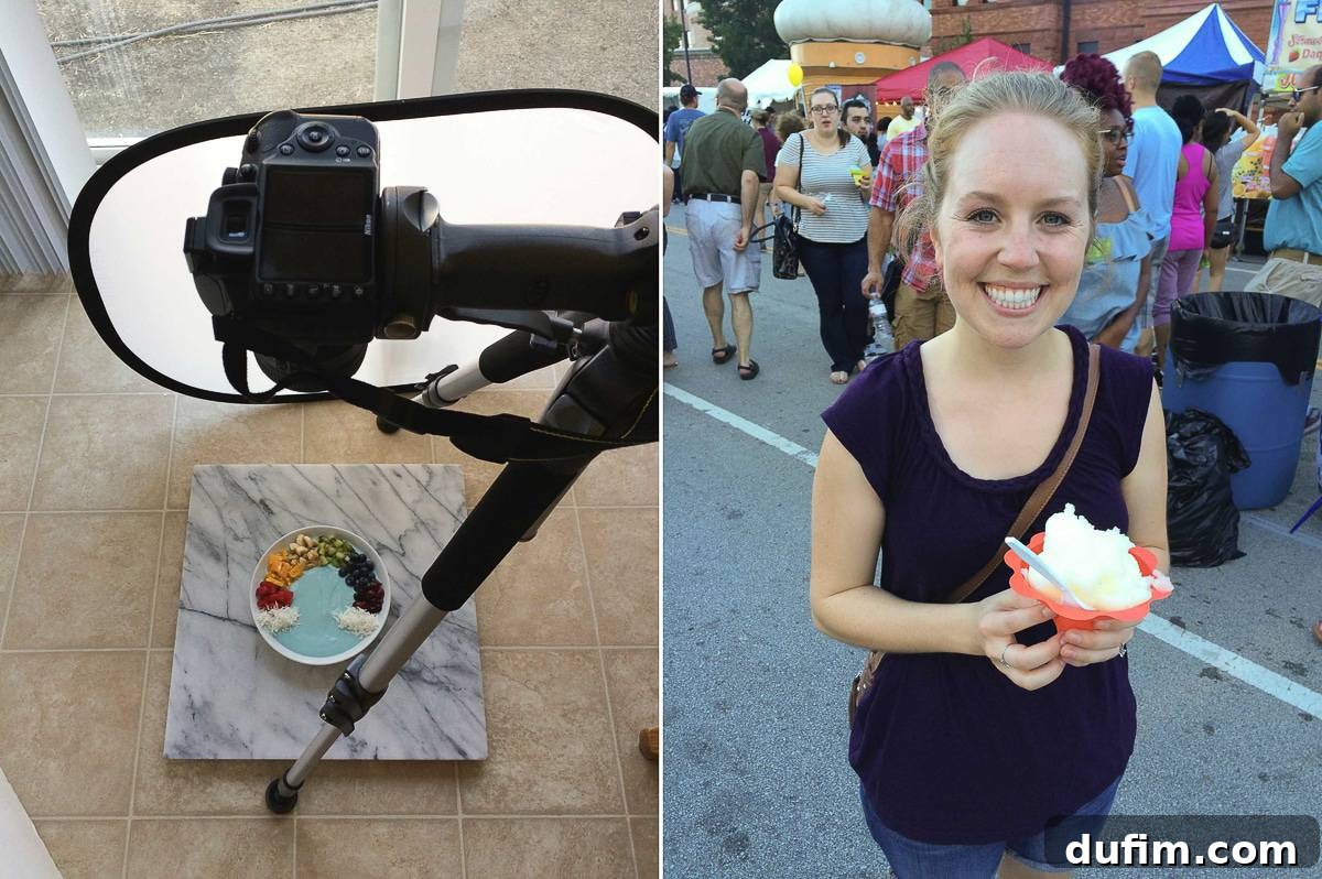 Beautifully styled rainbow yogurt bowl recipe for a client project; enjoying Italian ice at a sweet corn festival with friend Lindsay.