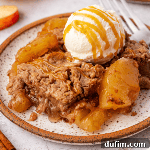 A plate of warm apple crisp, reminiscent of an apple dump cake, is crowned with a scoop of vanilla ice cream drizzled in caramel sauce. The dessert boasts chunks of baked apples beneath a crumbly golden-brown topping. A gleaming fork rests nearby on the ceramic plate.