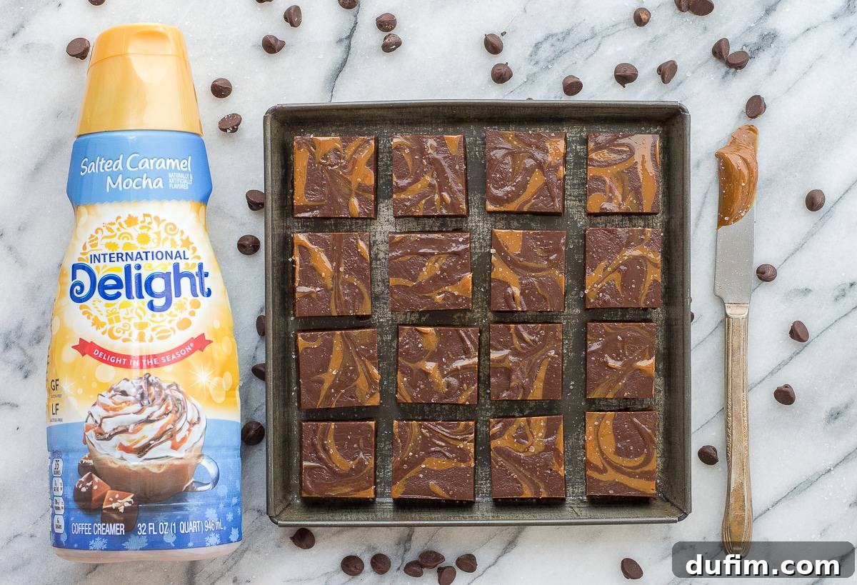 Top-down view of a tray of Salted Caramel Mocha Fudge with decorative dulce de leche swirls