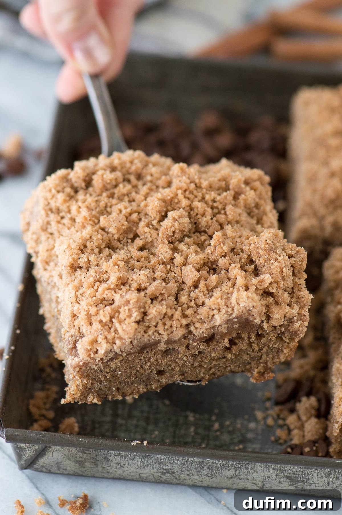 Overhead view of a whole Espresso Coffee Cake in a baking dish, showcasing the even distribution of the generous crumb topping.