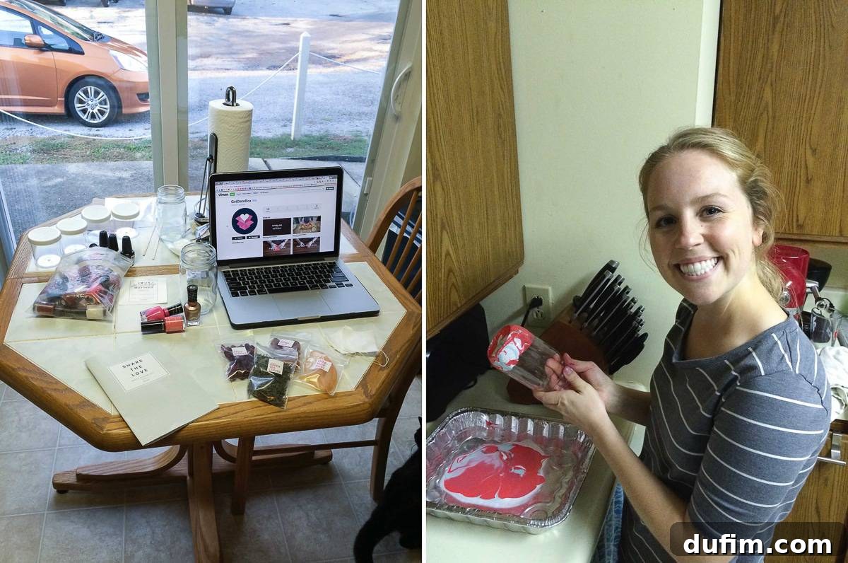 October 2016 Beyond the Kitchen 3 A couple's hands actively engaged in marbling glass with nail polish, a creative DIY date night activity