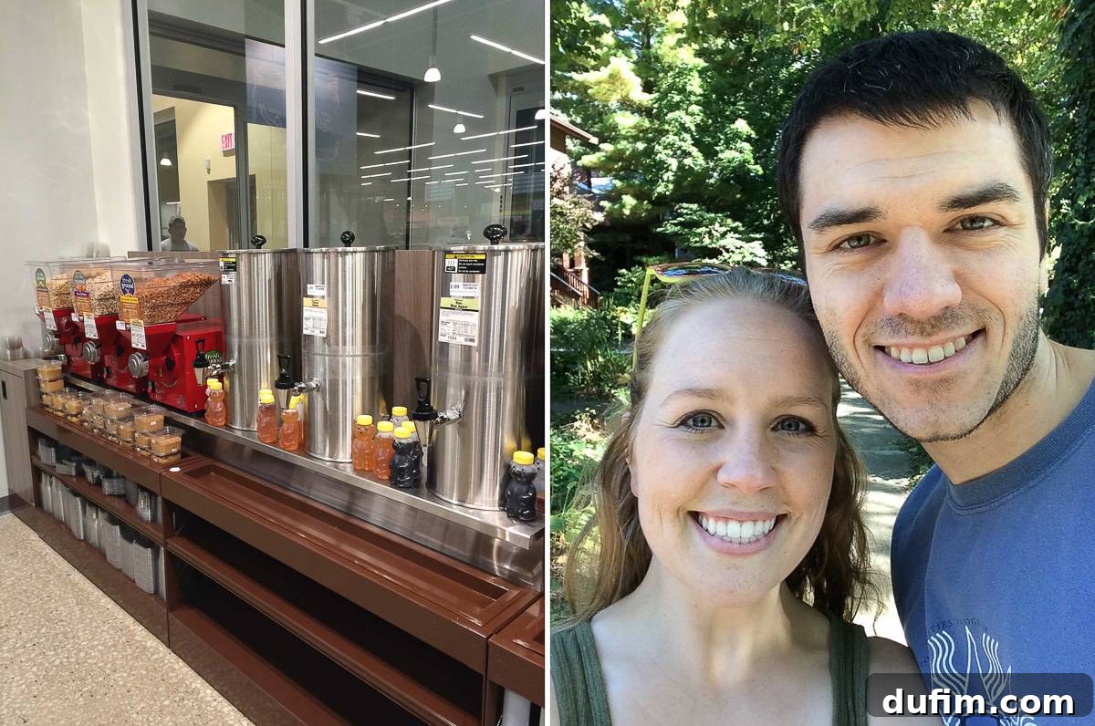 October 2016 Beyond the Kitchen 4 The inviting interior of a newly opened grocery store emphasizing local products, featuring 'pour your own honey' and 'make your own nut butter' stations