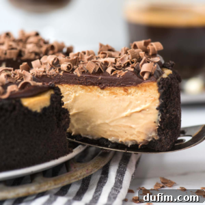 A close-up of a creamy coffee cheesecake with a chocolate crust and chocolate shavings on top. A slice is being lifted out, revealing smooth layers and rich texture. The decadent cake rests on a striped cloth.