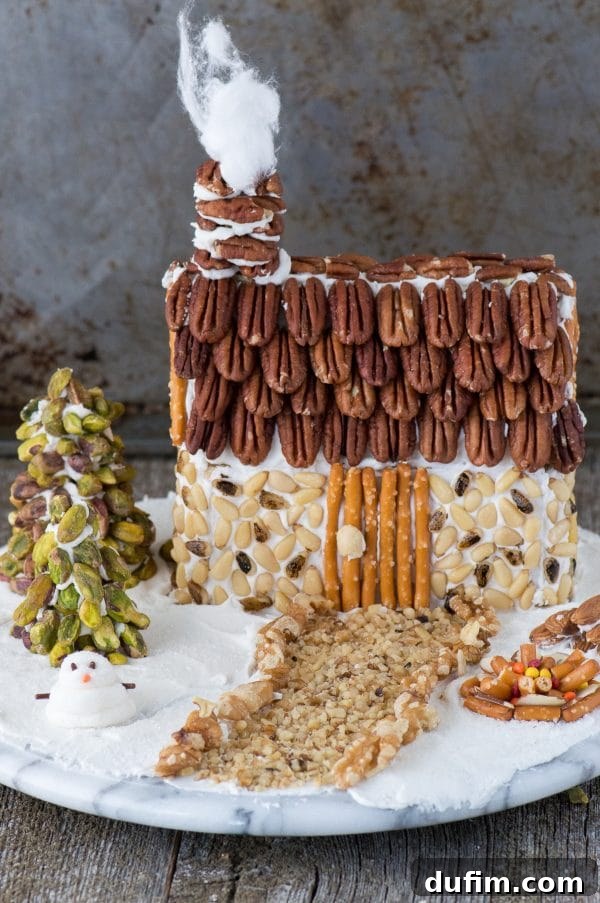 Festive Gingerbread Folly 14 Side view of the rustic gingerbread house, highlighting the detailed nut decorations.