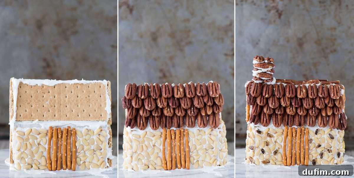 Festive Gingerbread Folly 7 Gingerbread house roof crafted with overlapping pecan shingles for a rustic look.