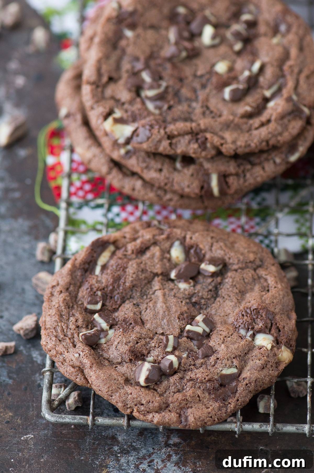 peppermint chocolate cookies on wire cooling rack on black background