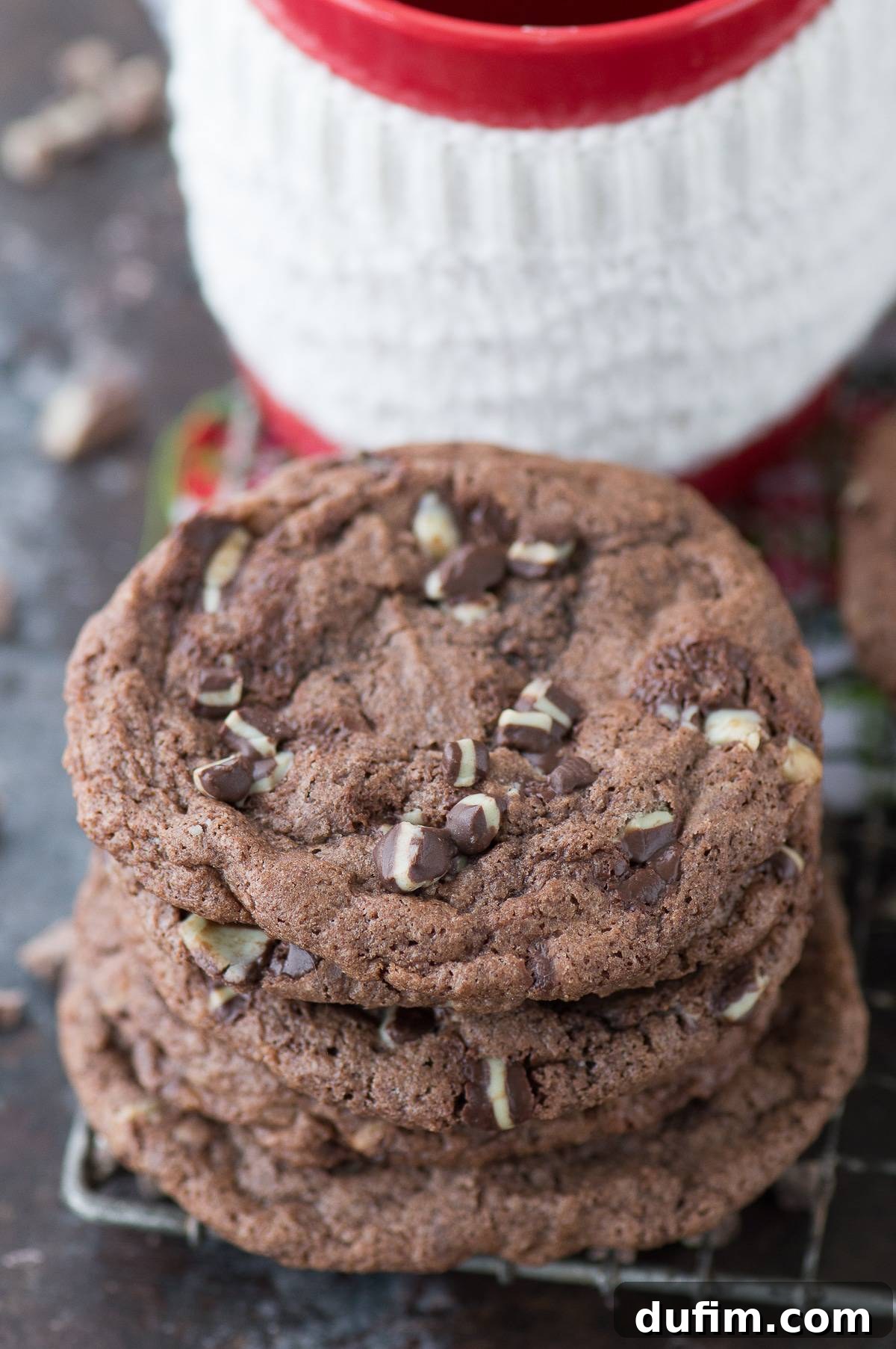 chocolate peppermint cookies stacked on top of each other on dark background