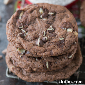 A stack of three peppermint chocolate cookies with chocolate chips and mint pieces rests on a wire cooling rack. The cookies look soft, chewy, and freshly baked.