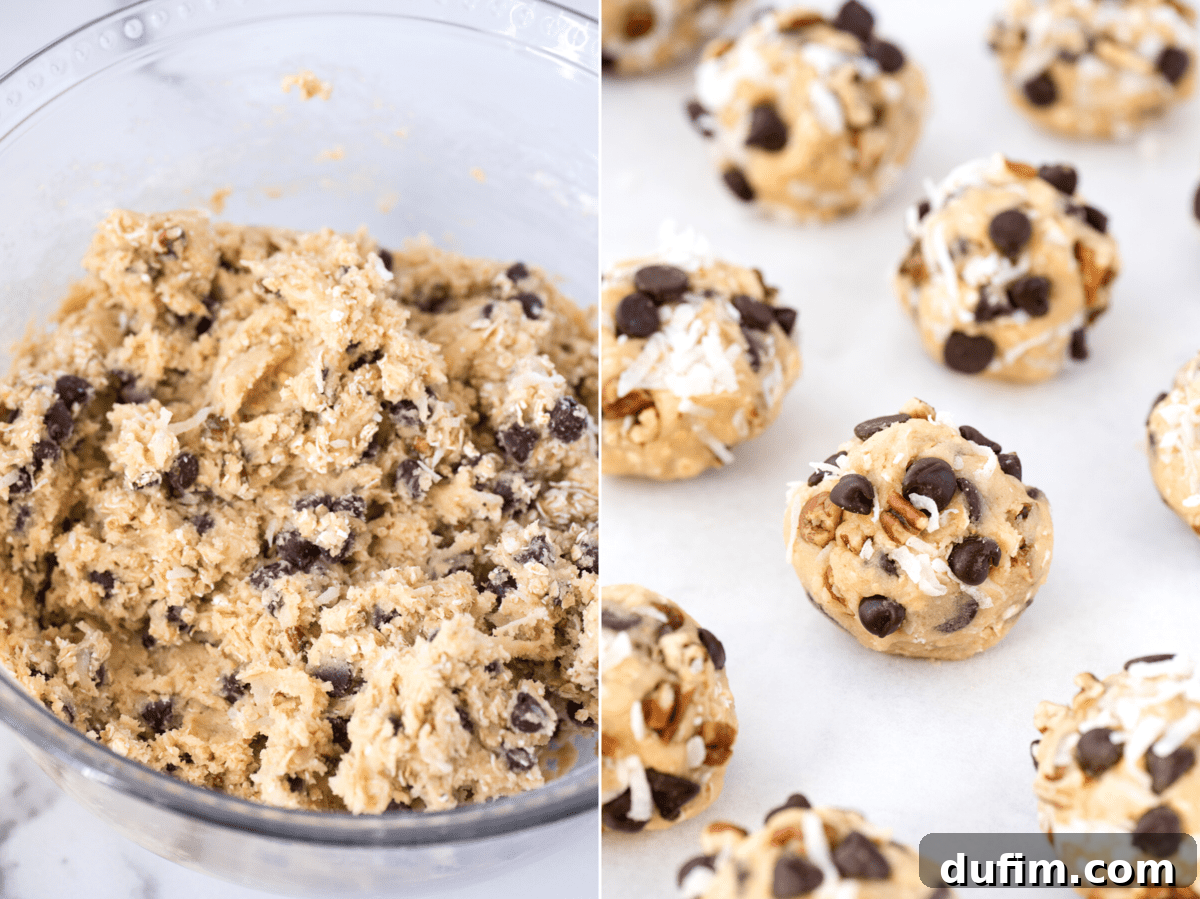 A visual collage demonstrating the step-by-step process of making Cowboy Cookie dough, from mixing ingredients to forming dough balls.