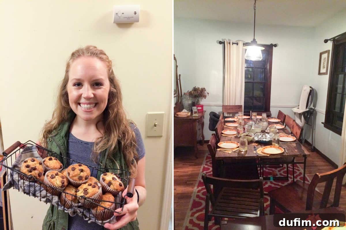 Friendsgiving dinner with community group, a basket of homemade muffins, and shared thankfulness