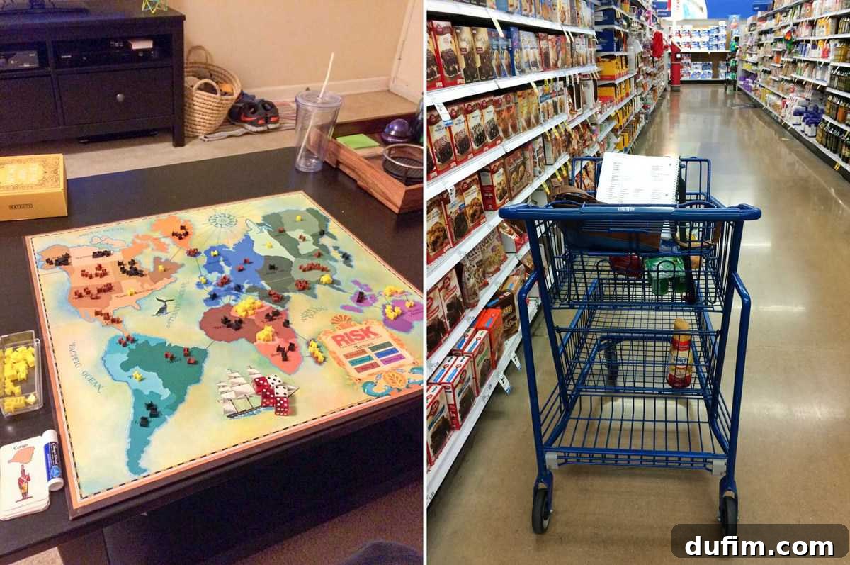 Couple playing the strategic board game Risk with maps and armies, and a short shopping cart at Meijer
