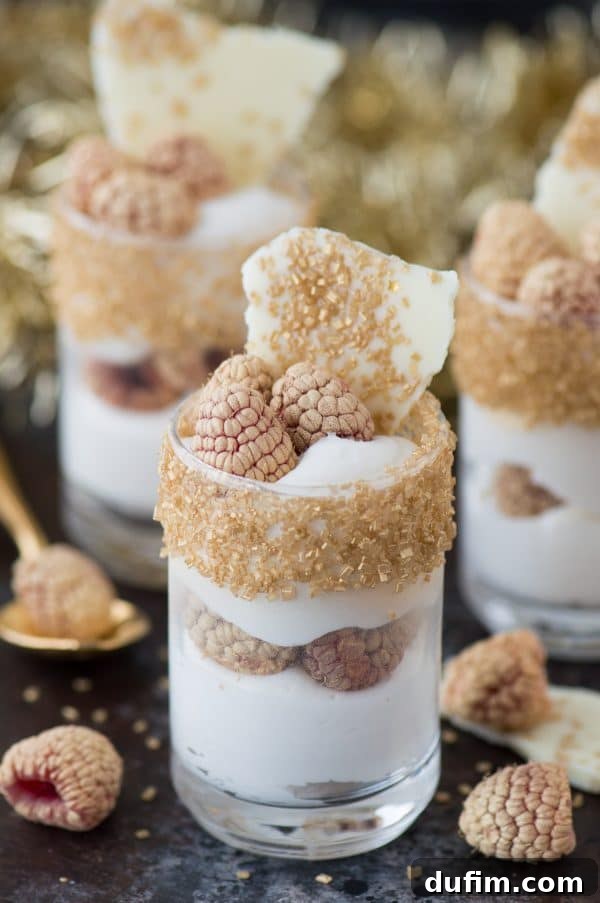 Decadent White Chocolate Raspberry Mousse 2 Elegant white chocolate raspberry mousse dessert with gold accents in a serving glass, perfect for New Year's Eve.