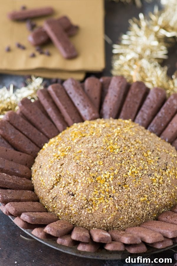 Sparkling New Year's Eve Cheesecake Ball 2 A festive New Year's Eve peanut butter chocolate chip cheesecake ball adorned with sparkling gold sprinkles, ready for a kid-friendly celebration.