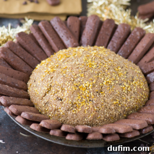 A large mound of chocolate dip covered with golden sprinkles makes a dazzling new years eve dessert, surrounded by rows of rectangular chocolate cookies arranged upright around the platters edge.