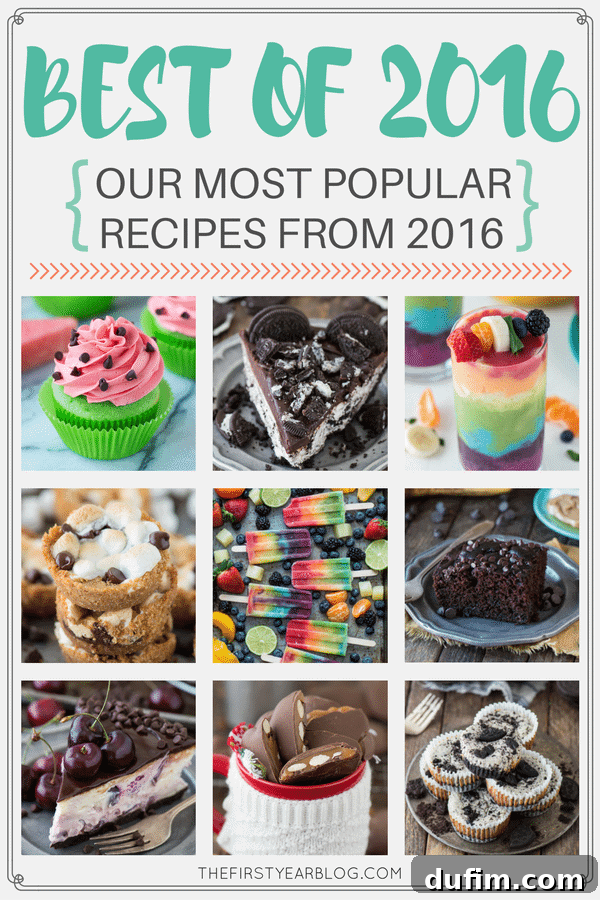 Best of 2016: A collage featuring top recipes like Mini Oreo Cheesecakes, Rainbow Popsicles, and Healthier Chocolate Cake from The First Year Blog