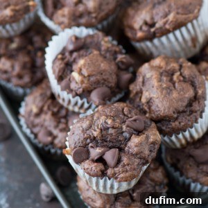 Healthier Chocolate Mini Muffins with bananas, greek yogurt, and honey.