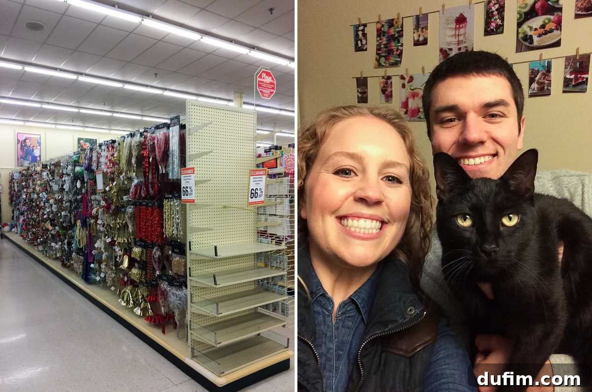 December's Off-Menu Adventures 9 Hobby Lobby Christmas sale finds including lights and a peppermint mocha sign, followed by a family New Year's Eve photo with Salsa the cat.