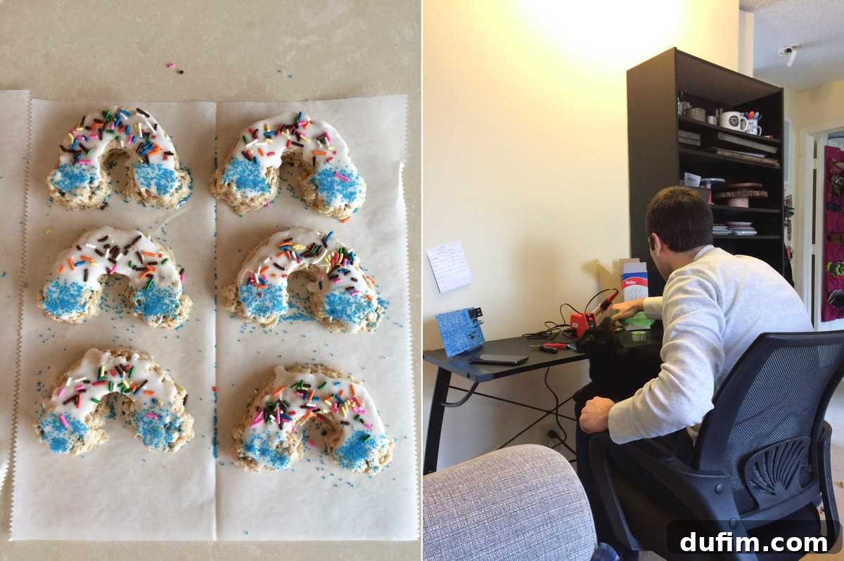 Friends making colorful rainbow rice krispies treats and a cat watching a person solder on a workbench