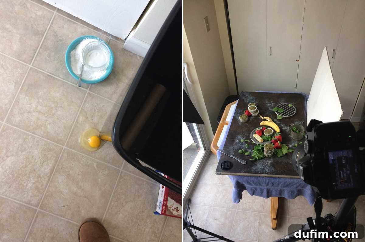 Broken egg on a kitchen floor and ingredients for green monster smoothie muffins