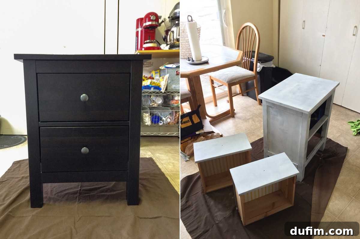 IKEA dresser in process of being sanded and painted in 'elephant skin gray'