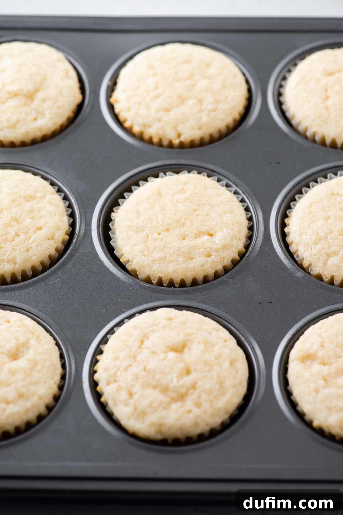 A tray of unfrosted, freshly baked vanilla cupcakes cooling in their paper liners within a muffin pan, awaiting their delicious frosting.