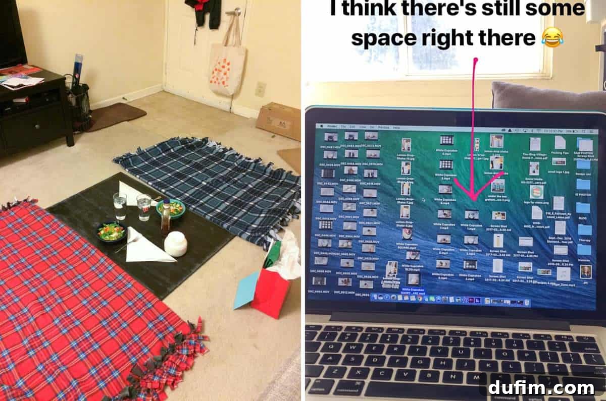 February 2017: Off the Menu 9 A cozy Valentine's Day picnic with pizza in the living room, alongside a humorous screenshot of a cluttered computer desktop.