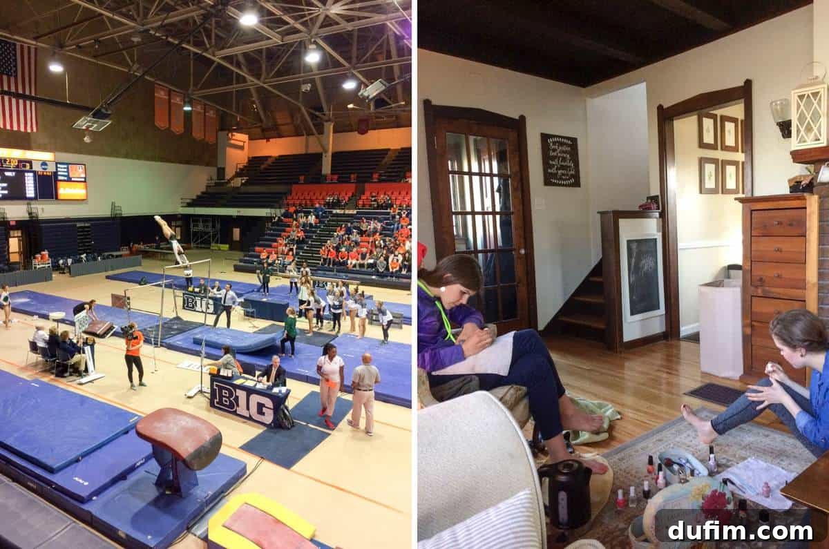 February 2017: Off the Menu 10 Two diverse images: the first showing a thrilling college gymnastics meet, and the second capturing friends enjoying a relaxing spa and nail painting day.
