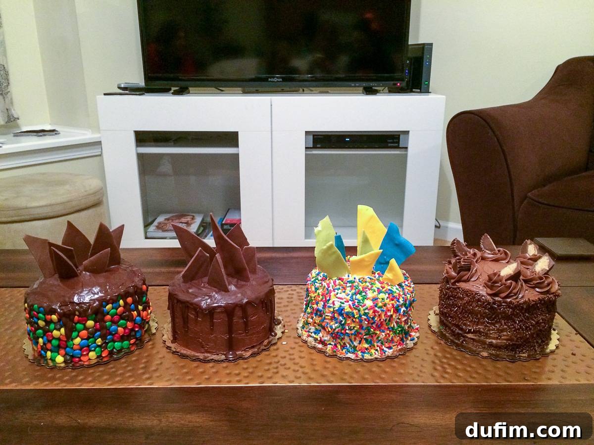 Close-up of three vibrantly decorated cakes, each unique in design, showing different frosting techniques.
