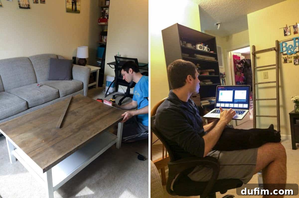 A two-part image showing an IKEA table hack. The top half displays a finished, antiqued wooden tabletop with a black base. The bottom half shows a man with a dog on his lap, practicing a presentation in front of a laptop.