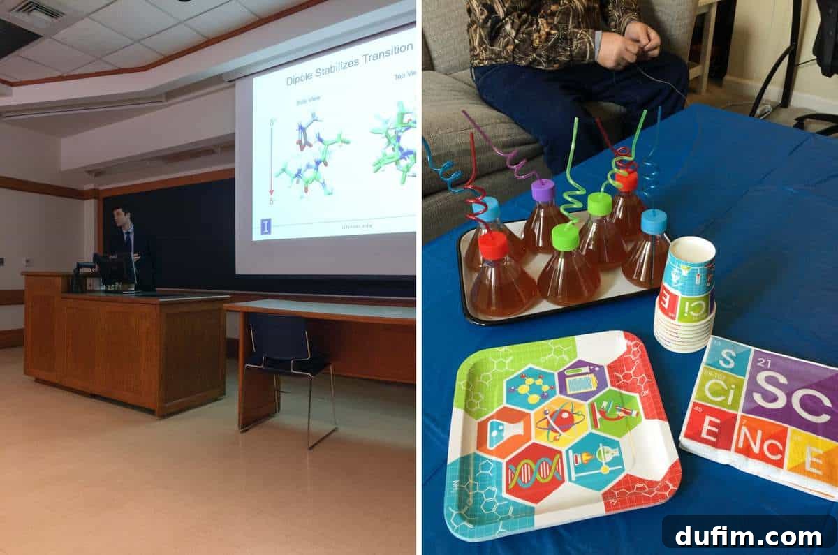 Ryan presenting his PhD defense professionally, followed by a close-up of chemistry-themed party decorations including beakers and molecular models.