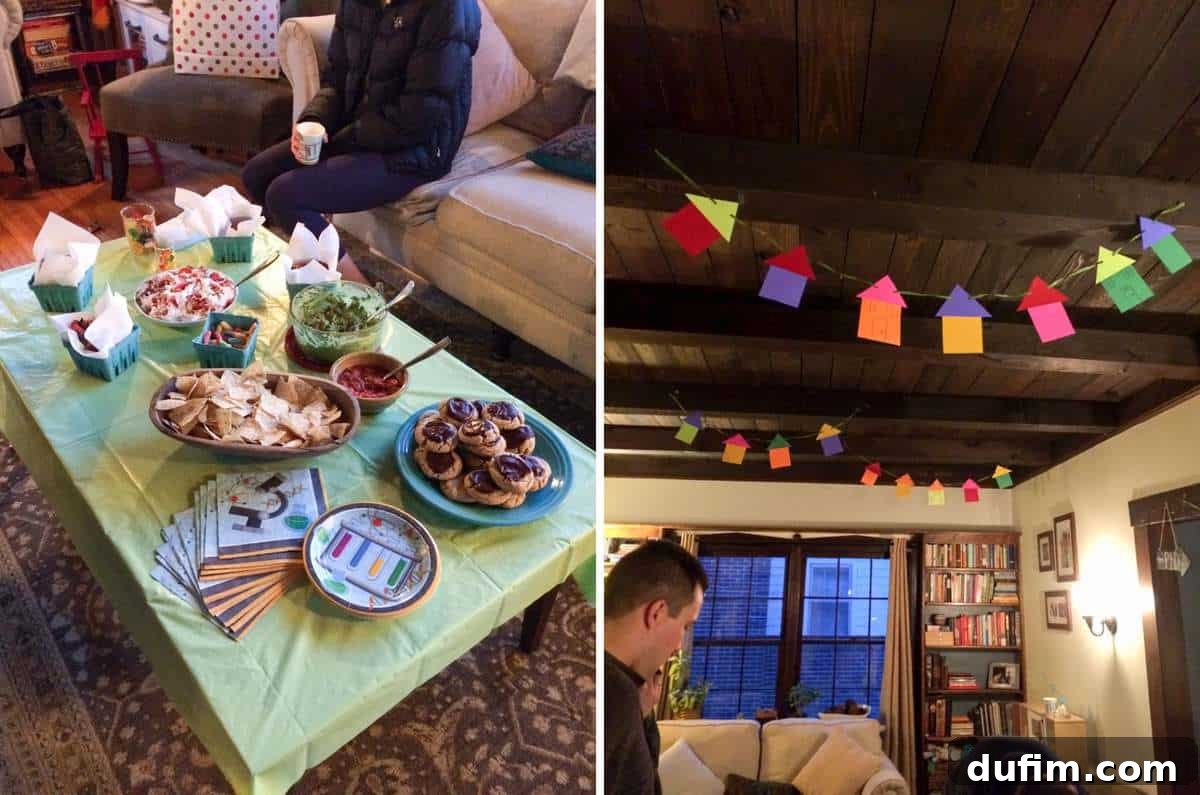 A vibrant surprise party with chemistry themes and festive 'New Home' banners, celebrating Ryan's PhD and the couple's upcoming move.