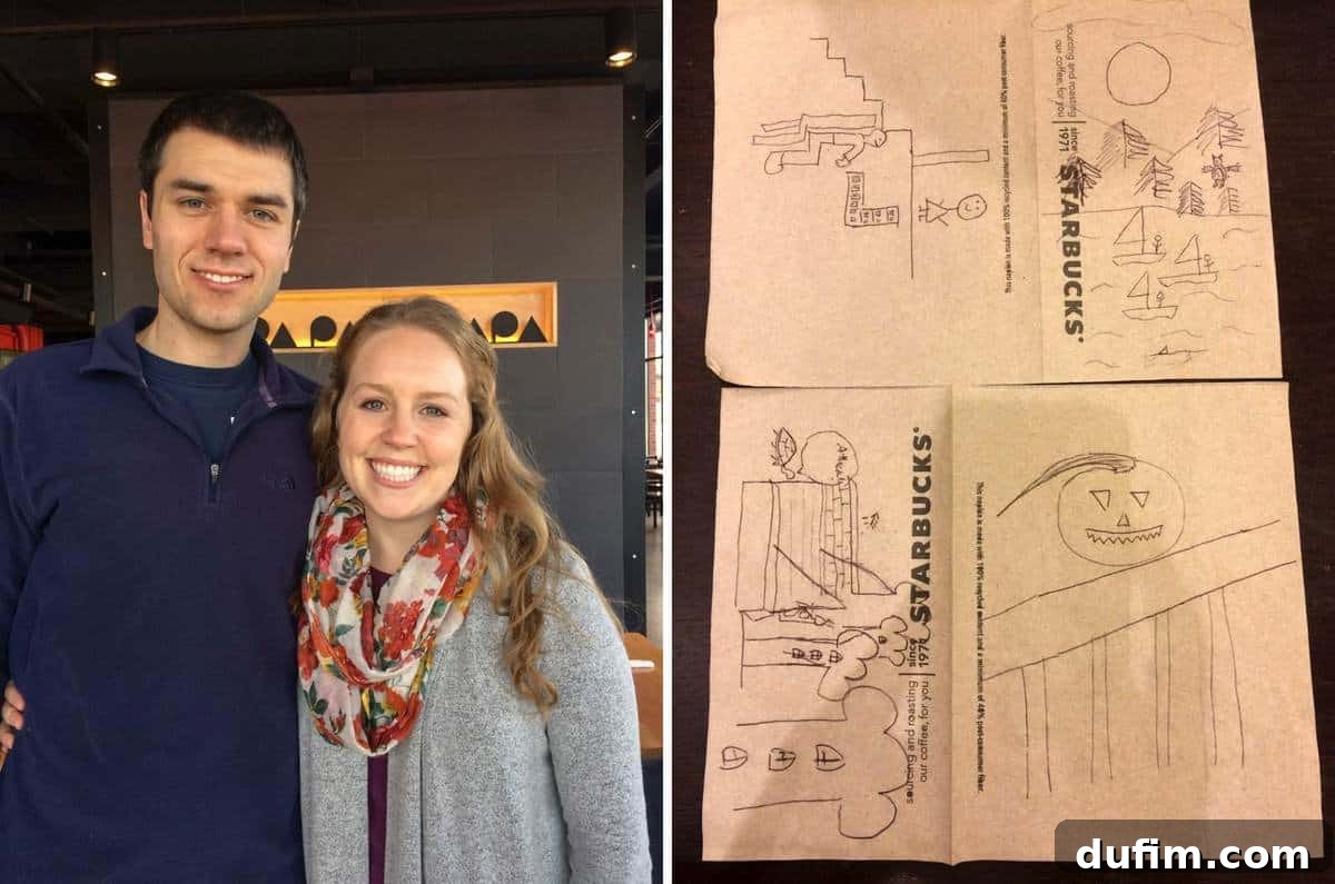 A two-part image. The top shows a couple, Dr. Ryan and his partner, smiling. The bottom shows a Starbucks table with coffee, a dice game (Farkle), and a drawing game.