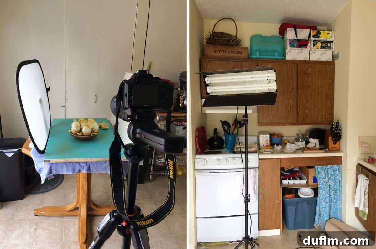 Behind-the-scenes shot of a photography setup, showing an organized shooting surface contrasted with a cluttered background.