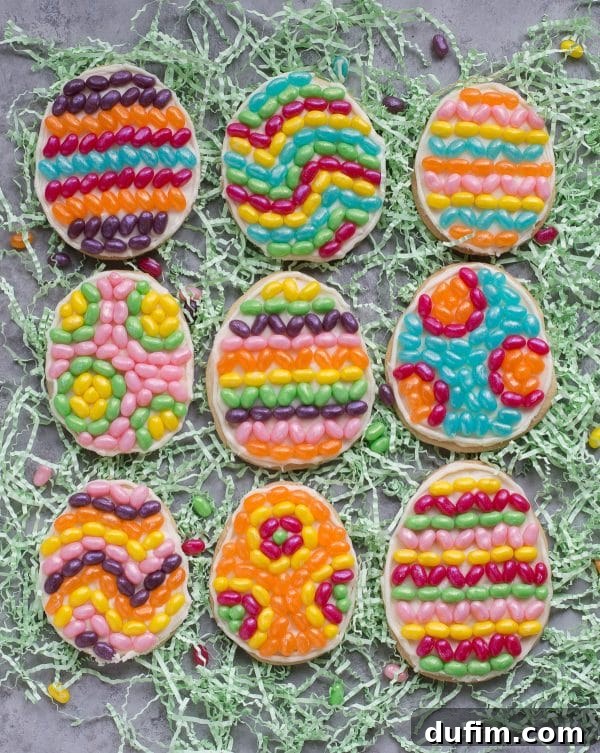 Colorful Jelly Belly jelly beans scattered around a bowl, showcasing the variety of flavors and vibrant hues ideal for Easter cookie decoration, highlighting their aesthetic appeal.