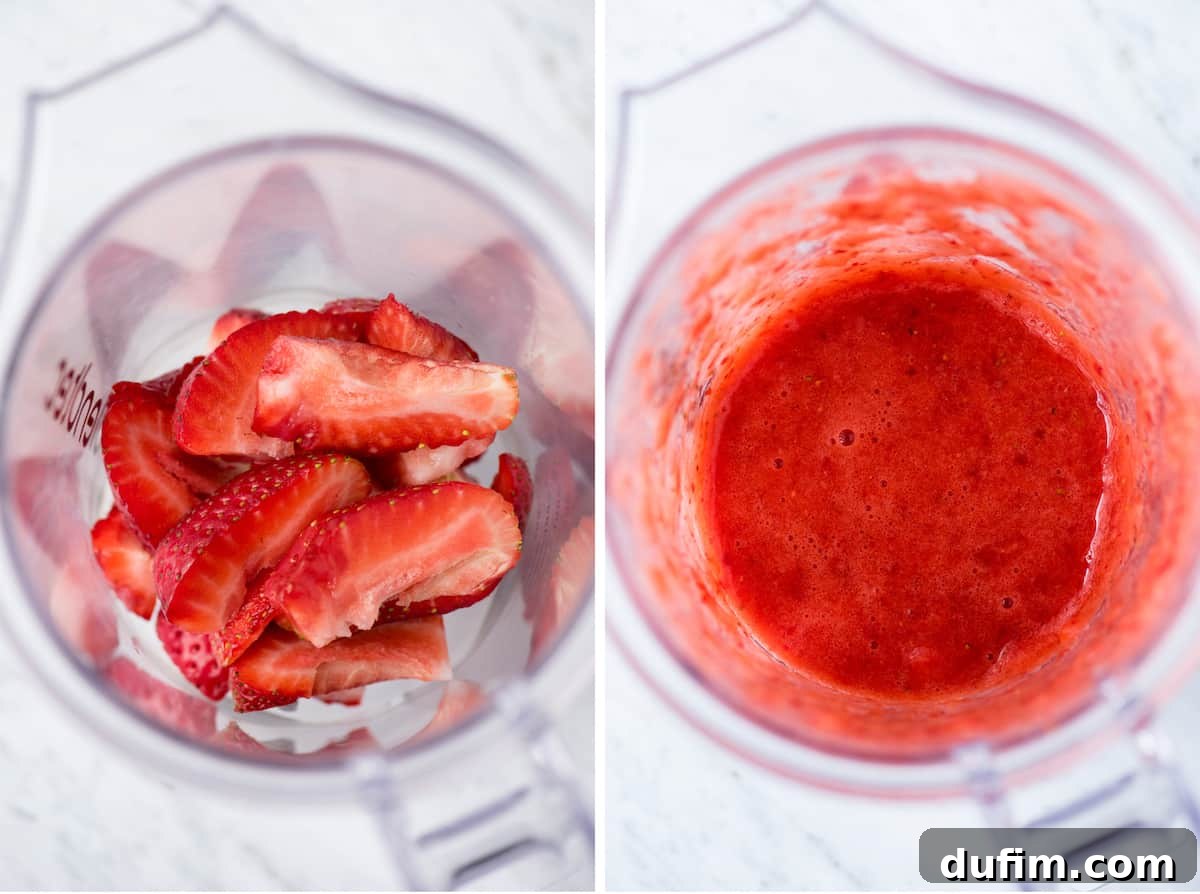 A collage showing fresh strawberries in a blender before being pureed, and the resulting vibrant pink strawberry puree inside the blender, ready for baking.