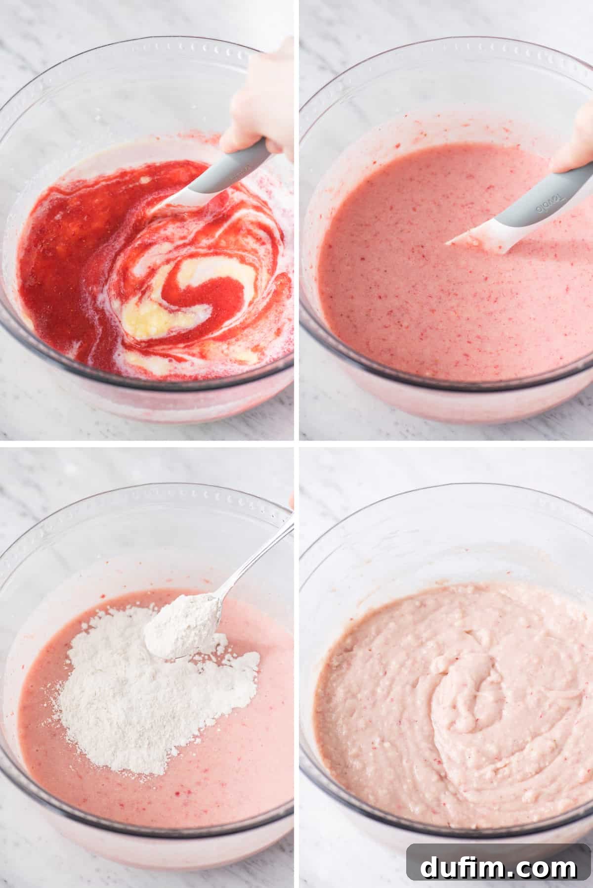 A step-by-step collage showing the process of making homemade strawberry cake: dry ingredients, wet ingredients, combining, and the final pink batter in a pan.