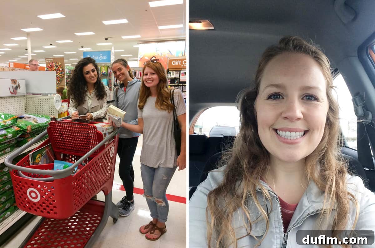 Beyond the Apron: April 2017 4 Friends shopping together in Target, filling a surprise package for a friend who moved, and author with hair down