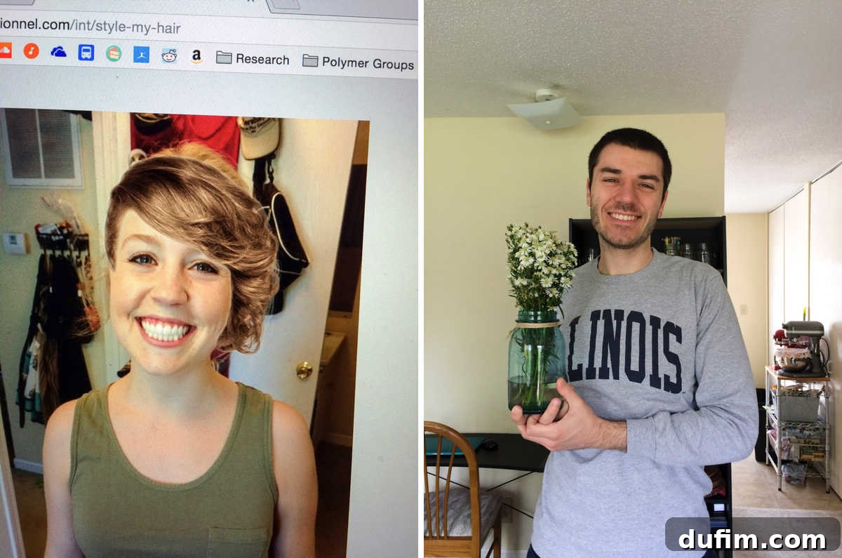 Beyond the Apron: April 2017 5 Author trying out short hairstyles on an online tool with Ryan, and a bouquet of Easter flowers (half-dead) presented by Ryan