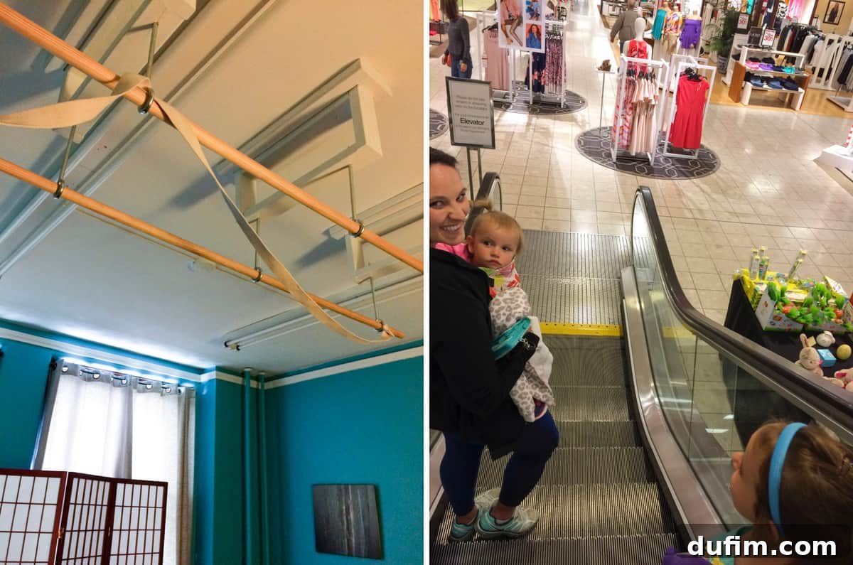 Beyond the Apron: April 2017 7 Equipment used for a massage technique where the therapist walks on your back, and friend Ashley with her nanny child riding an escalator at the mall