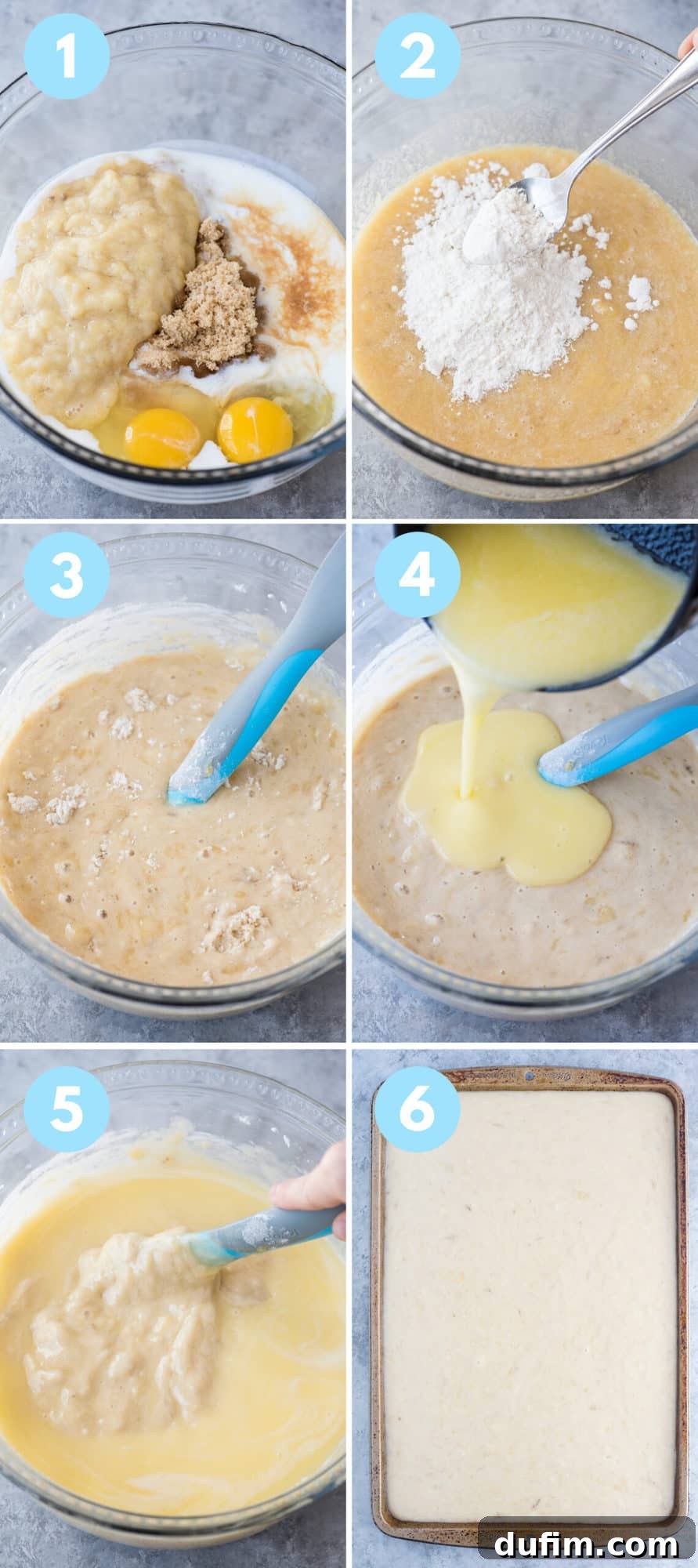 Chewy Banana Nut Bars 4 A visual collage illustrating the simple steps to make banana bars: melting butter, mixing wet ingredients, combining dry, and folding all together.