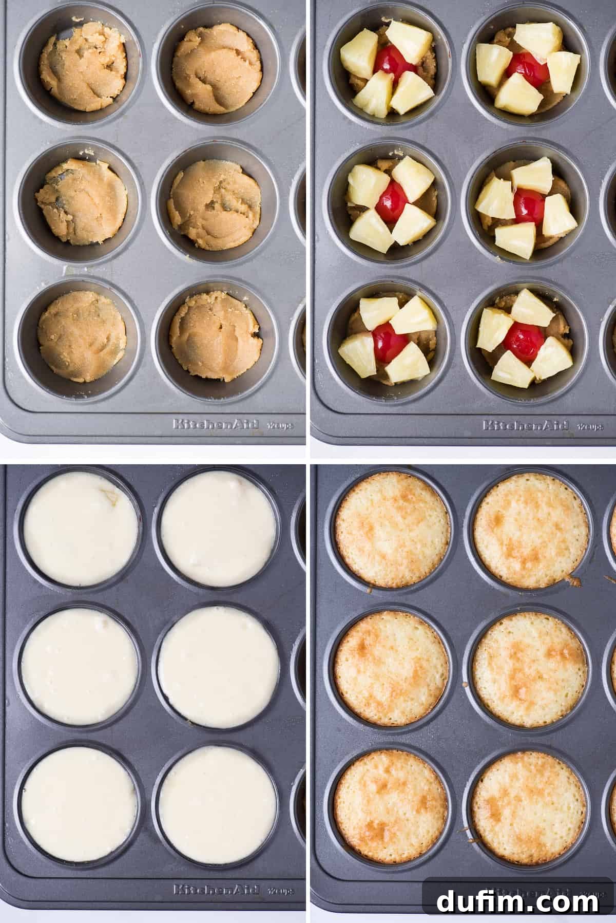 Close-up showing the process of making pineapple upside down cupcakes in a muffin pan, with fruit and batter in the cups.