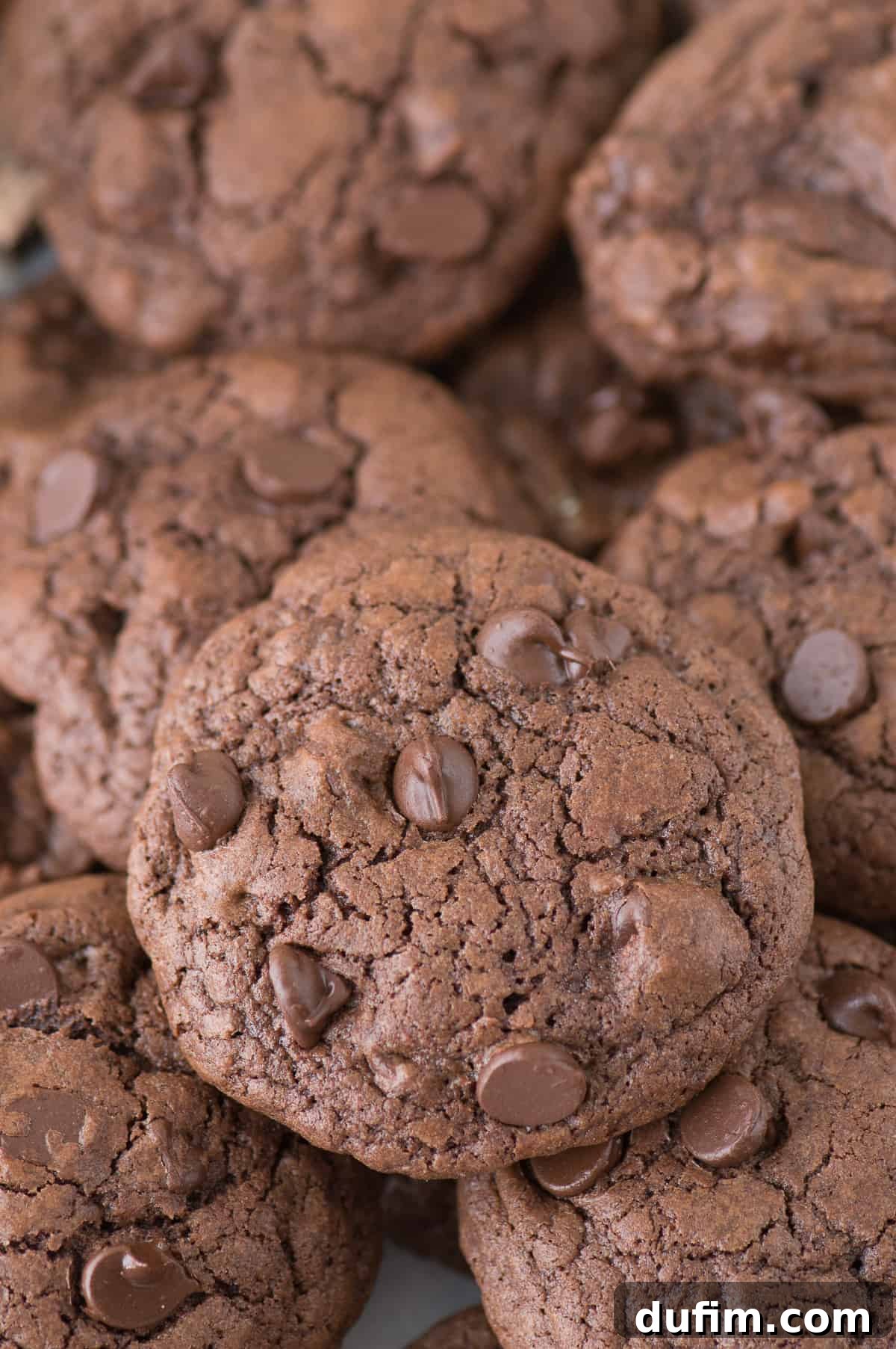 A stack of thick, chewy triple chocolate drop cookies with visible chocolate chips, promising an ultimate chocolate experience.
