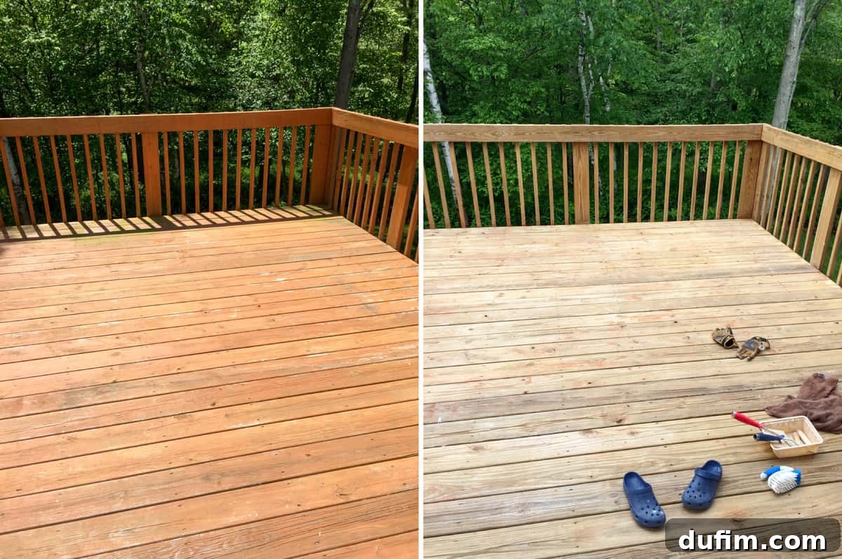 A large wooden deck, mid-renovation, stripped and sanded, with numerous spindles, symbolizing the extensive home improvement projects undertaken during the first few weeks of homeownership in Michigan.