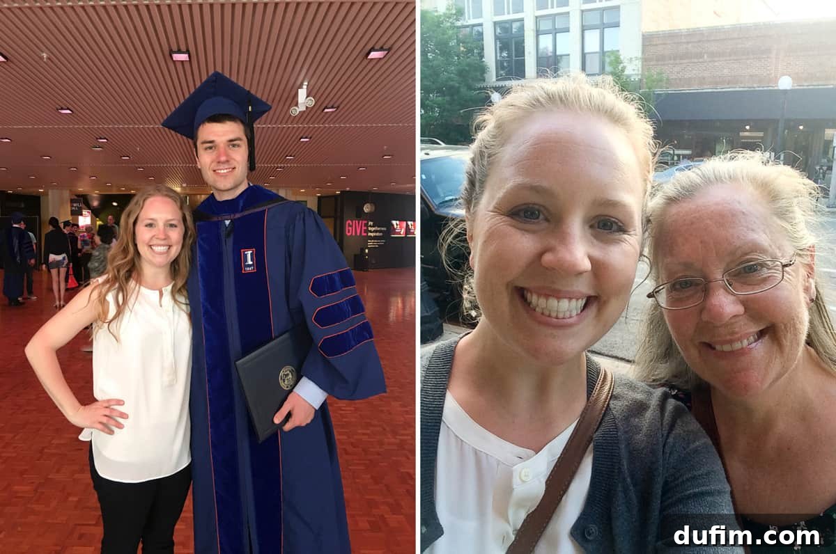 Two celebratory moments: Ryan, proudly wearing his graduation cap and gown, signifying his doctoral achievement, followed by a warm family photo of the author and her mother, celebrating Mother's Day and Ryan's graduation.