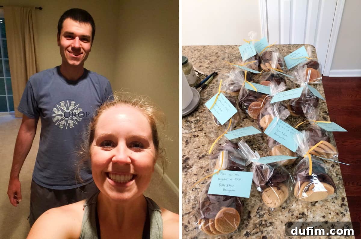 June 2017: Beyond the Kitchen 3 Ryan and I ready for a basement workout session in our new home, followed by a photo of delivering homemade cookies to Michigan neighbors