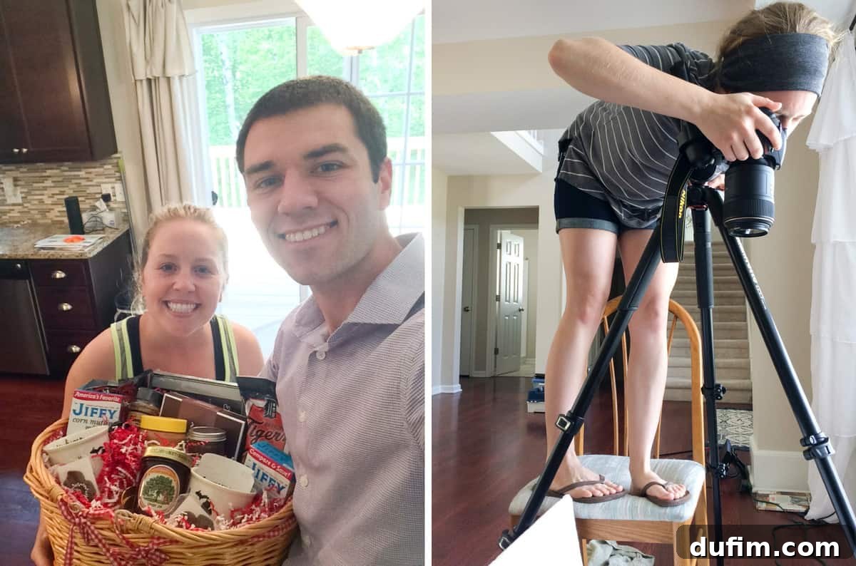 June 2017: Beyond the Kitchen 5 A 'Welcome to Michigan' gift basket filled with local goodies, followed by a behind-the-scenes shot of a photoshoot setup