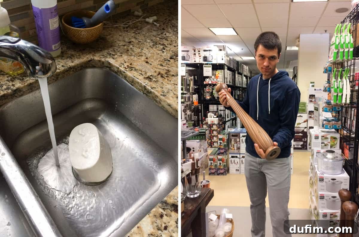 June 2017: Beyond the Kitchen 6 A container of ice cream being discarded for healthier living goals, and Ryan holding a ridiculously giant pepper grinder