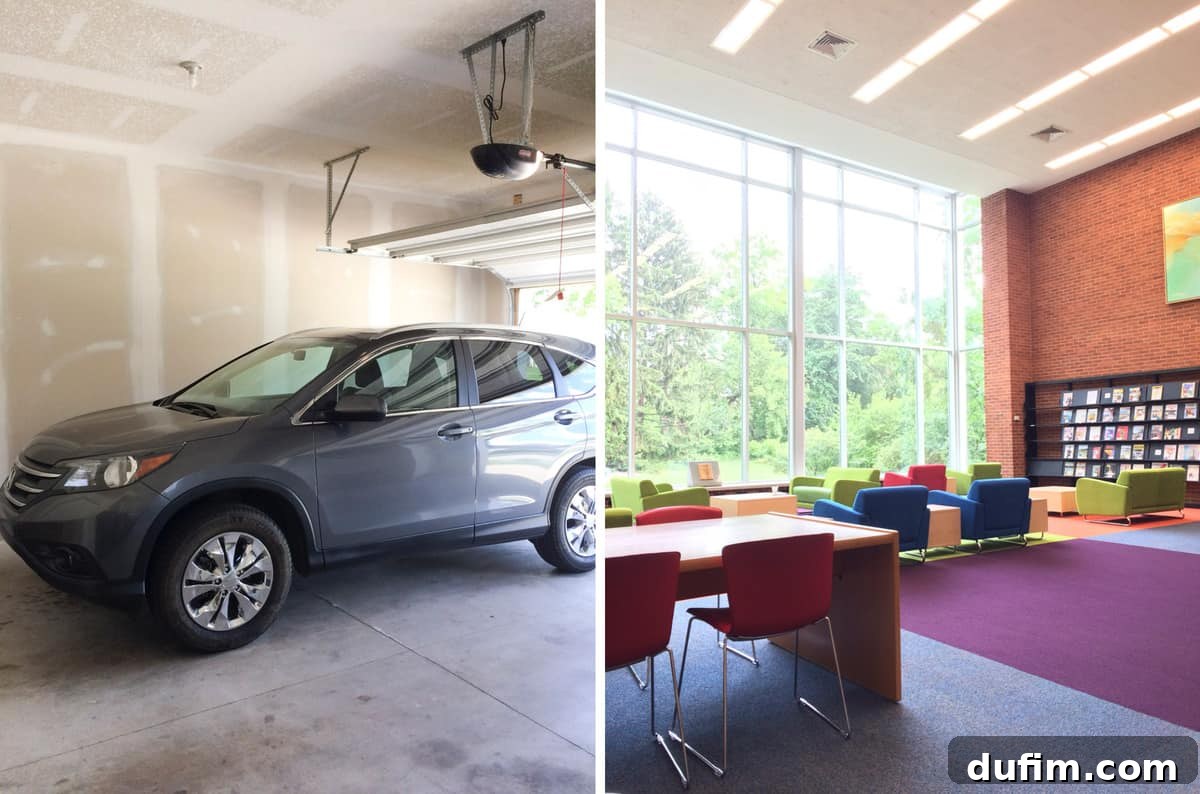 June 2017: Beyond the Kitchen 7 Our new second car parked securely inside the garage, and a serene library interior featuring huge, light-filled windows